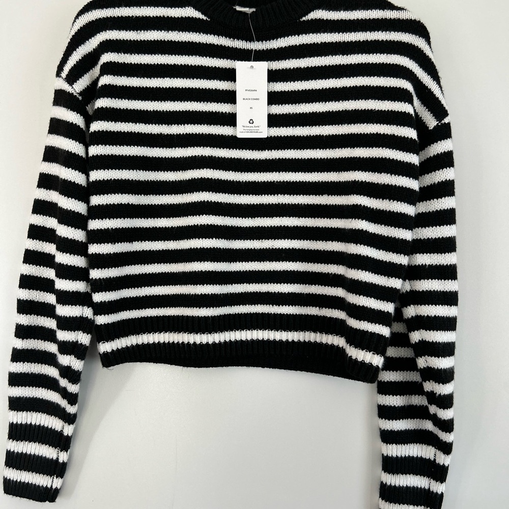 Pink Rose Black & White Striped Crewneck Sweater